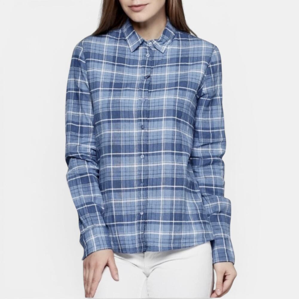 Massimo Dutti Blue Plaid Linen Blend Shirt Womens 4 Minimalist Button Front Top